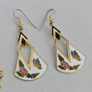Vintage Cloisonné Gold Tone Enamel Floral Dangle Earrings - 2 Pairs