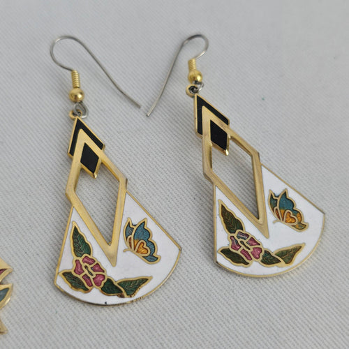 Vintage Cloisonné Gold Tone Enamel Floral Dangle Earrings - 2 Pairs