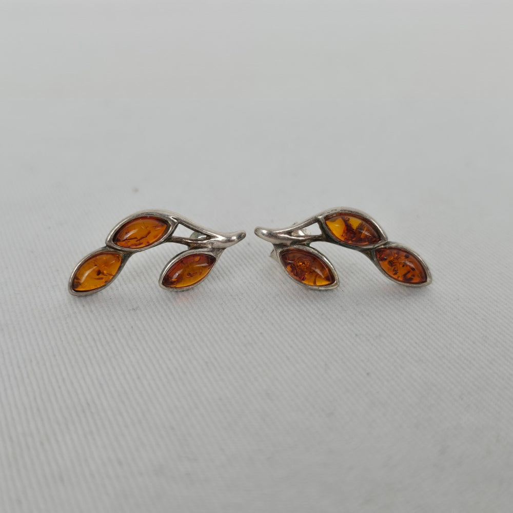 Sterling Silver 925 Amber Leaf Branch Stud Earrings