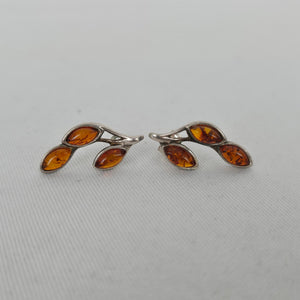 Sterling Silver 925 Amber Leaf Branch Stud Earrings