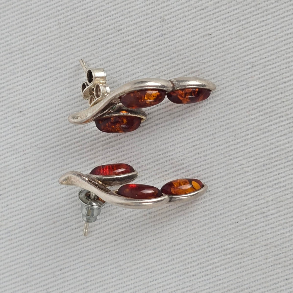 Sterling Silver 925 Amber Leaf Branch Stud Earrings