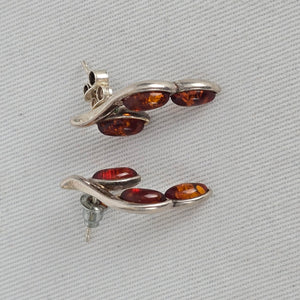 Sterling Silver 925 Amber Leaf Branch Stud Earrings