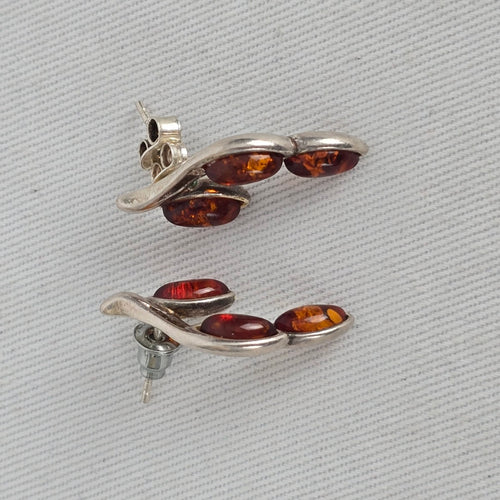 Sterling Silver 925 Amber Leaf Branch Stud Earrings