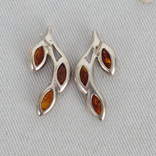 Sterling Silver 925 Amber Leaf Branch Stud Earrings