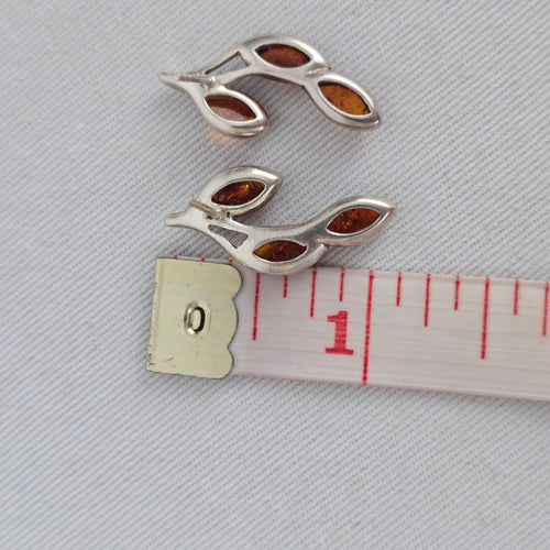 Sterling Silver 925 Amber Leaf Branch Stud Earrings