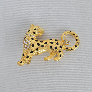 Vintage Gold Tone Rhinestone Leopard Brooch with Black Enamel Spots