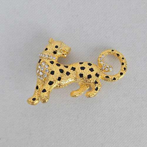 Vintage Gold Tone Rhinestone Leopard Brooch with Black Enamel Spots