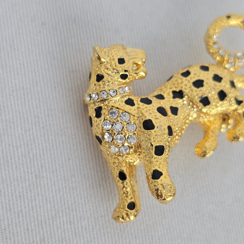 Vintage Gold Tone Rhinestone Leopard Brooch with Black Enamel Spots