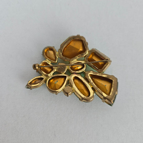Vintage Green Rhinestone Cluster Brooch in Gold Tone Setting