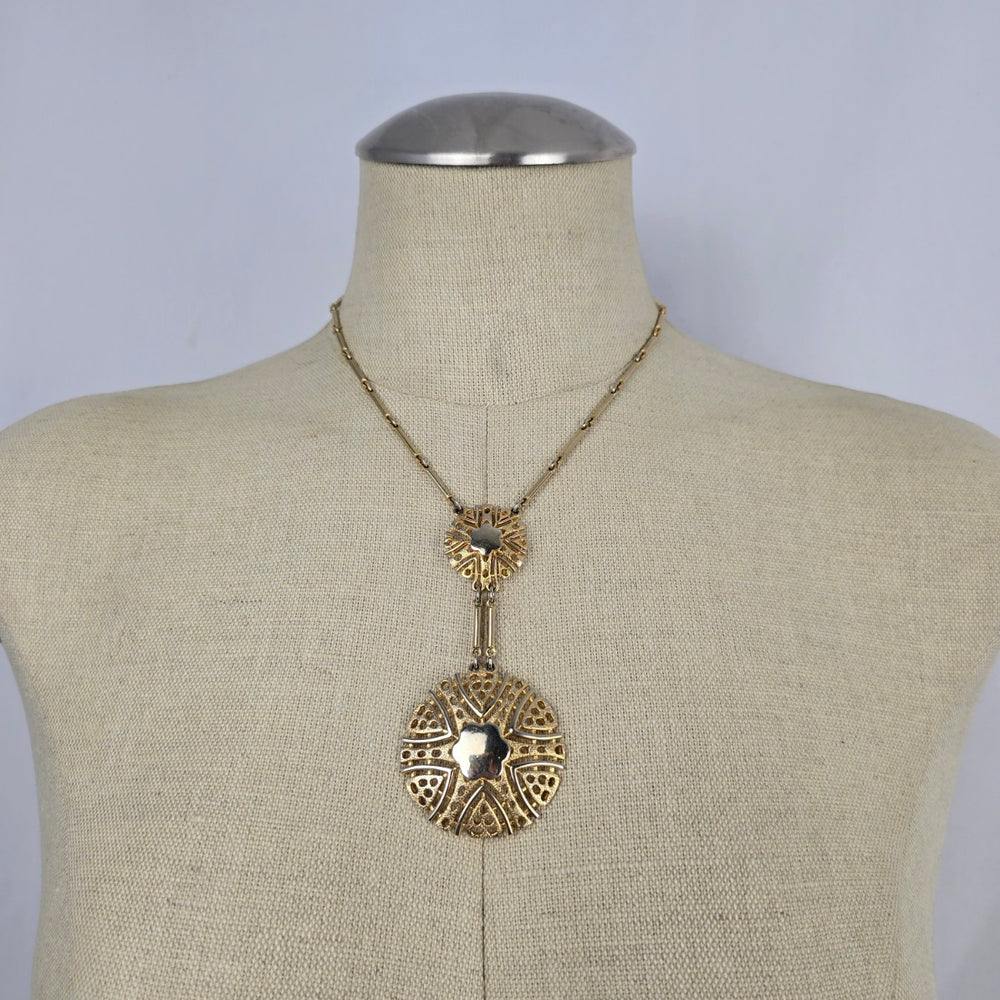 Vintage Gold Tone Art Deco Double Medallion Drop Necklace