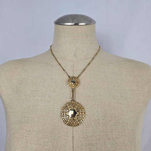 Vintage Gold Tone Art Deco Double Medallion Drop Necklace