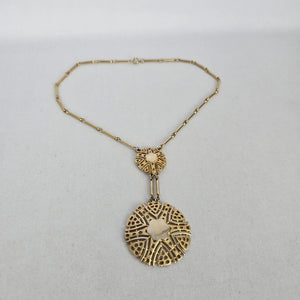 Vintage Gold Tone Art Deco Double Medallion Drop Necklace