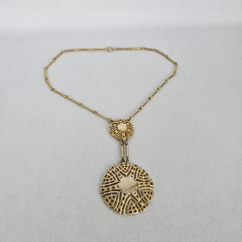 Vintage Gold Tone Art Deco Double Medallion Drop Necklace