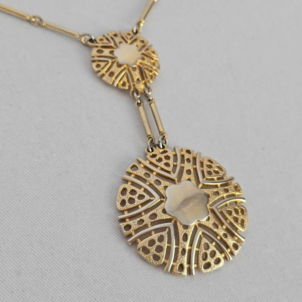 Vintage Gold Tone Art Deco Double Medallion Drop Necklace