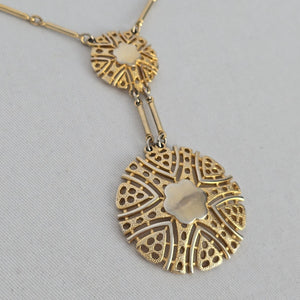 Vintage Gold Tone Art Deco Double Medallion Drop Necklace