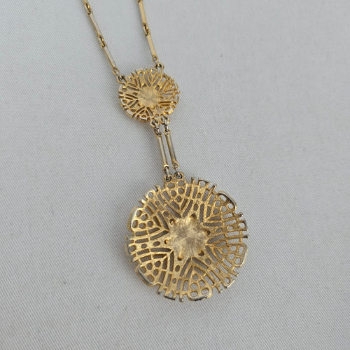 Vintage Gold Tone Art Deco Double Medallion Drop Necklace