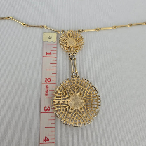 Vintage Gold Tone Art Deco Double Medallion Drop Necklace
