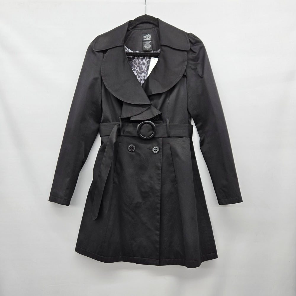 THX Thanx Collection Black Ruffle Trench Coat Belted Jacket - Size S