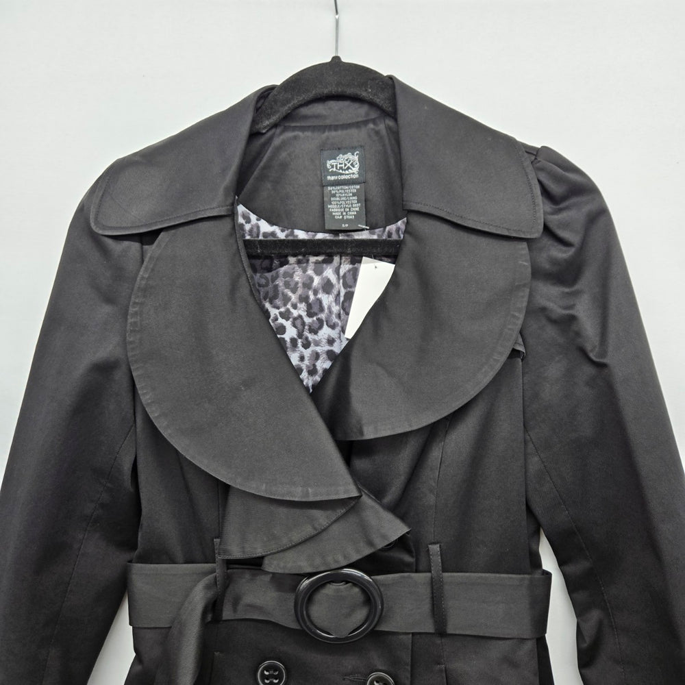 THX Thanx Collection Black Ruffle Trench Coat Belted Jacket - Size S