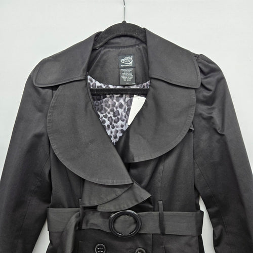 THX Thanx Collection Black Ruffle Trench Coat Belted Jacket - Size S