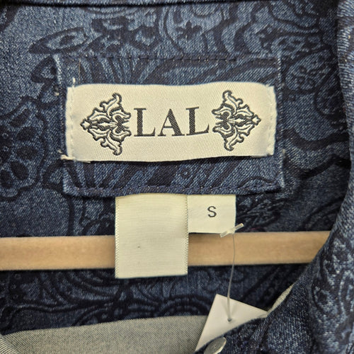LAL Women’s Paisley Denim Jacket Blue Gray Knit Sleeves - Size S