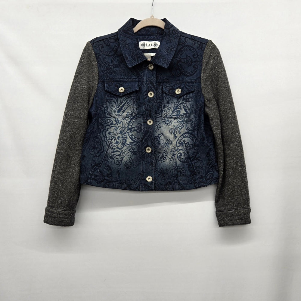 LAL Women’s Paisley Denim Jacket Blue Gray Knit Sleeves - Size S