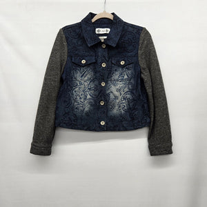 LAL Women’s Paisley Denim Jacket Blue Gray Knit Sleeves - Size S