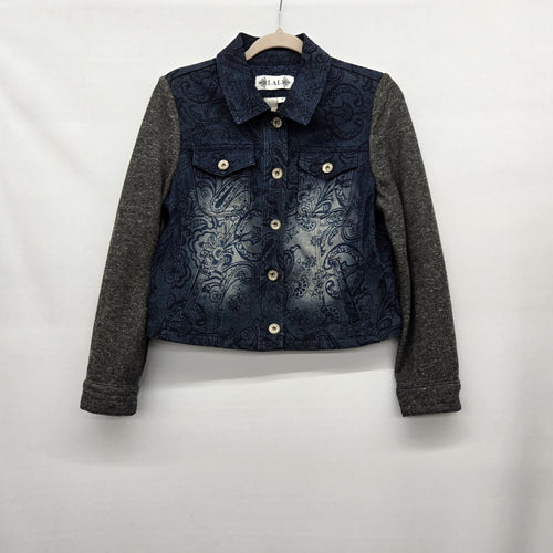 LAL Women’s Paisley Denim Jacket Blue Gray Knit Sleeves - Size S
