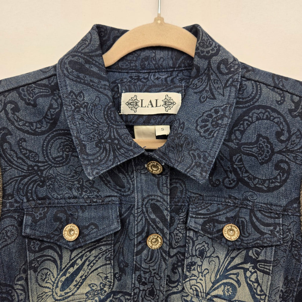 LAL Women’s Paisley Denim Jacket Blue Gray Knit Sleeves - Size S