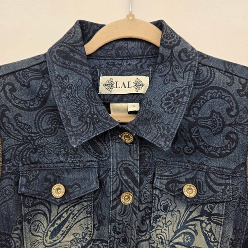 LAL Women’s Paisley Denim Jacket Blue Gray Knit Sleeves - Size S