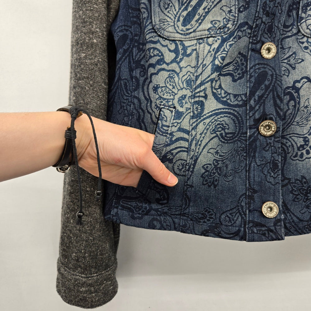 LAL Women’s Paisley Denim Jacket Blue Gray Knit Sleeves - Size S