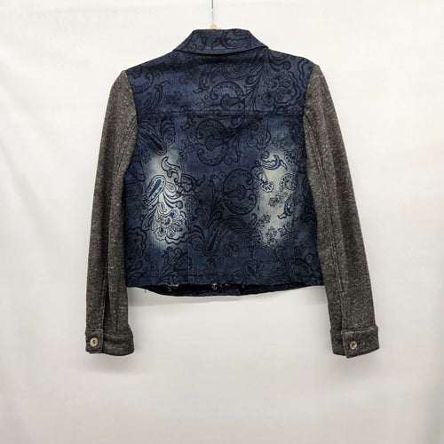LAL Women’s Paisley Denim Jacket Blue Gray Knit Sleeves - Size S