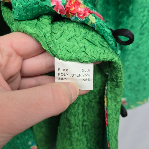 Vintage Green Floral Silk Blend Mandarin Jacket Coat Frog Closure Size L