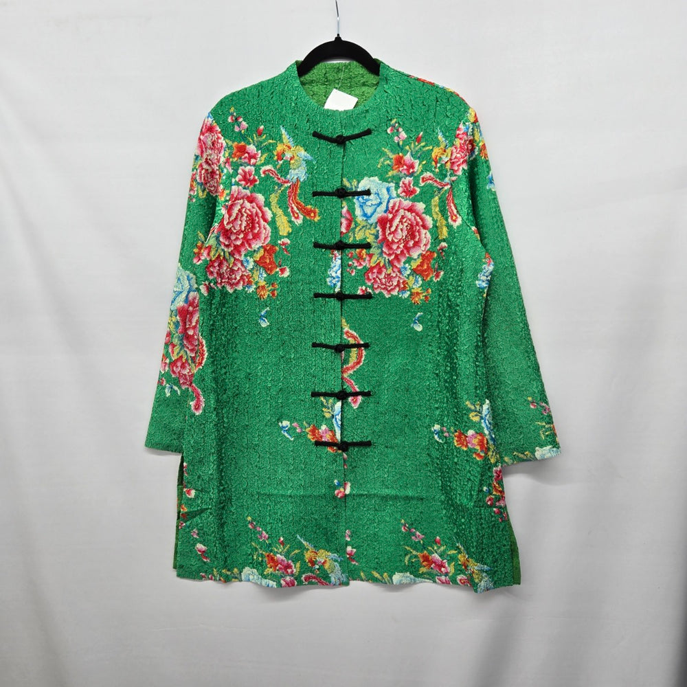 Vintage Green Floral Silk Blend Mandarin Jacket Coat Frog Closure Size L