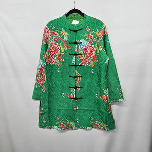 Vintage Green Floral Silk Blend Mandarin Jacket Coat Frog Closure Size L