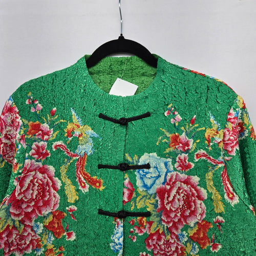 Vintage Green Floral Silk Blend Mandarin Jacket Coat Frog Closure Size L