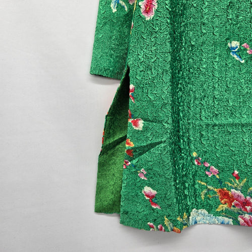 Vintage Green Floral Silk Blend Mandarin Jacket Coat Frog Closure Size L