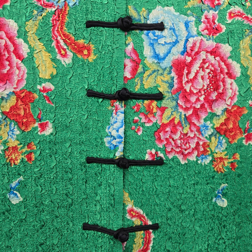 Vintage Green Floral Silk Blend Mandarin Jacket Coat Frog Closure Size L