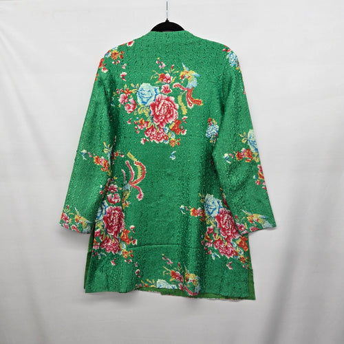 Vintage Green Floral Silk Blend Mandarin Jacket Coat Frog Closure Size L