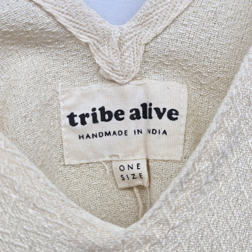 Tribe Alive Striped Fringe Poncho Kaftan Cream Green - One Size