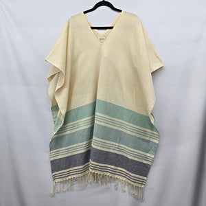 Tribe Alive Striped Fringe Poncho Kaftan Cream Green - One Size