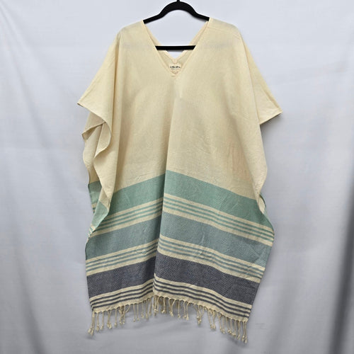 Tribe Alive Striped Fringe Poncho Kaftan Cream Green - One Size