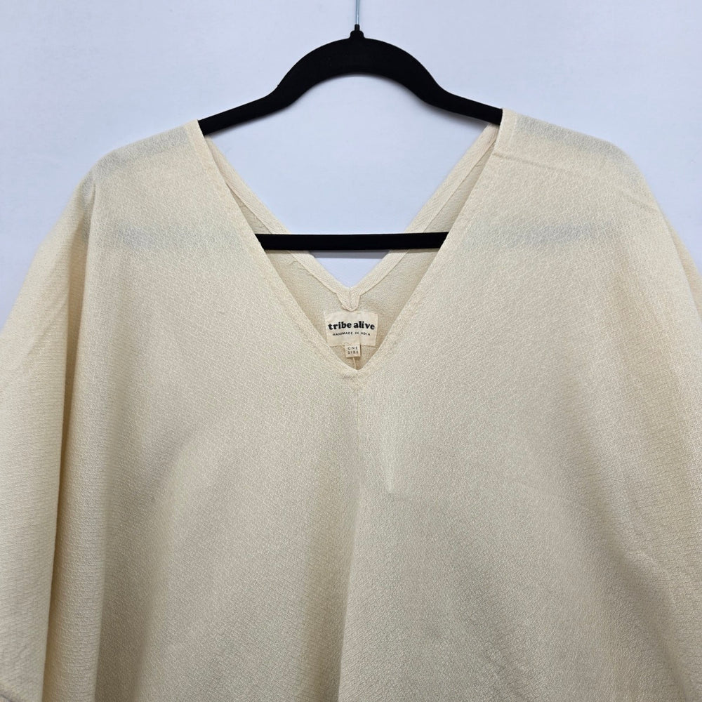 Tribe Alive Striped Fringe Poncho Kaftan Cream Green - One Size