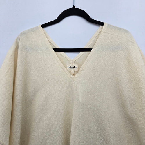 Tribe Alive Striped Fringe Poncho Kaftan Cream Green - One Size