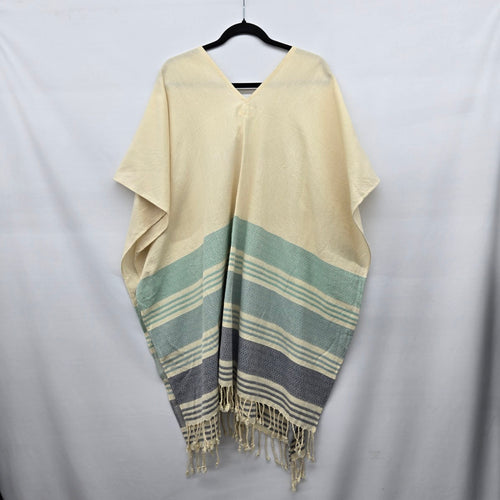 Tribe Alive Striped Fringe Poncho Kaftan Cream Green - One Size