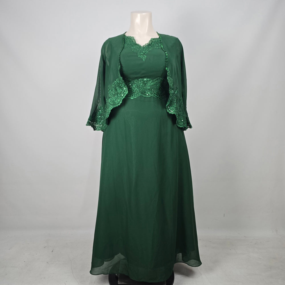 Emerald Green Lace Sequin Formal Event Dress with Matching Sheer Bolero Jacket - Size 16