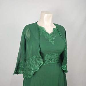 Emerald Green Lace Sequin Formal Event Dress with Matching Sheer Bolero Jacket - Size 16