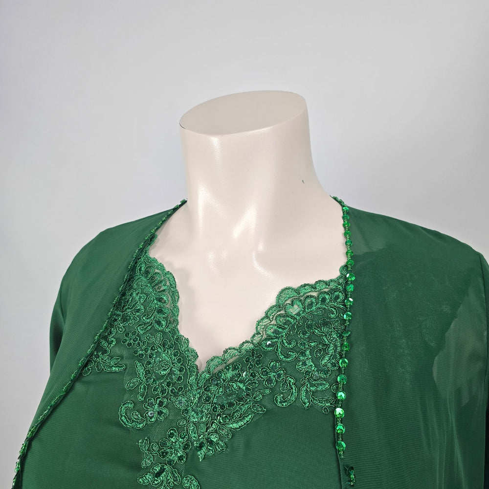 Emerald Green Lace Sequin Formal Event Dress with Matching Sheer Bolero Jacket - Size 16