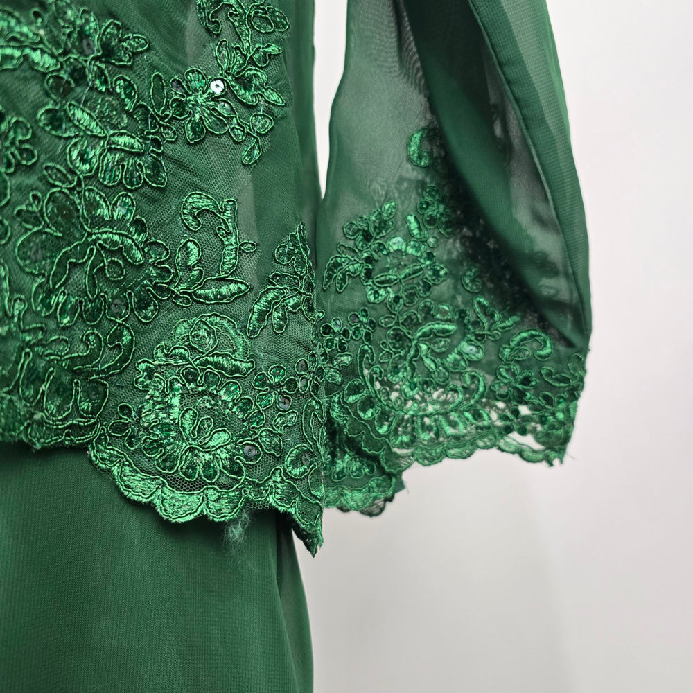 Emerald Green Lace Sequin Formal Event Dress with Matching Sheer Bolero Jacket - Size 16