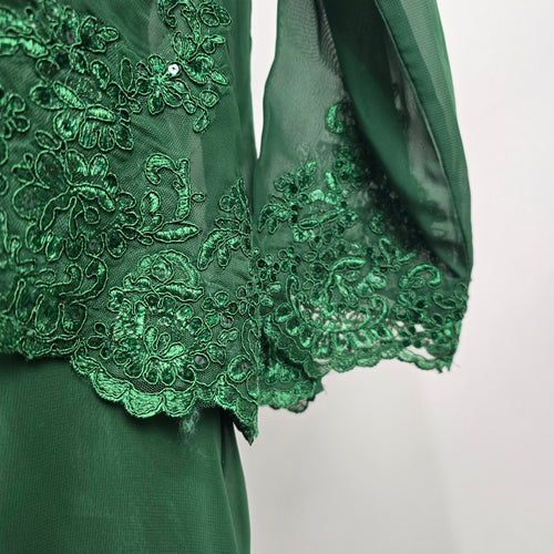 Emerald Green Lace Sequin Formal Event Dress with Matching Sheer Bolero Jacket - Size 16